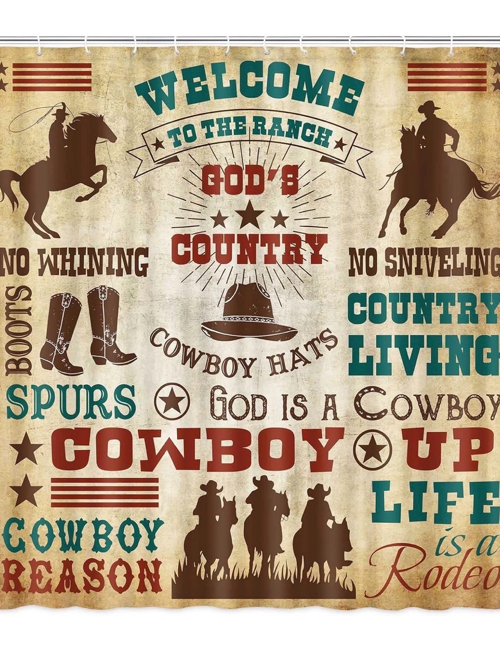 Western Cowboy Country Graphic Wild West Shower Curtain Red, Teal, Brown